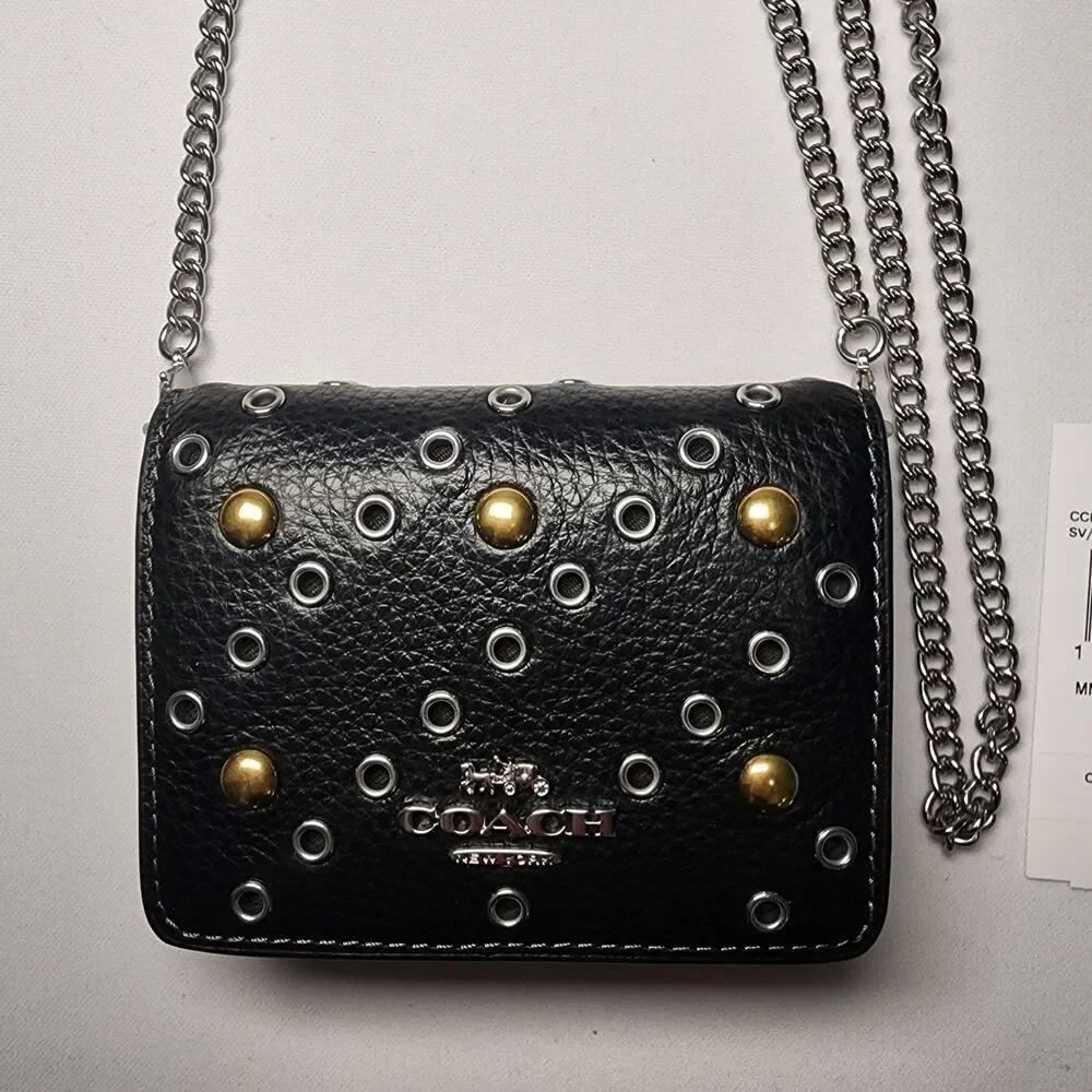 NWT Coach CCI80 Mini Wallet On A Chain With Rivets Silver Black